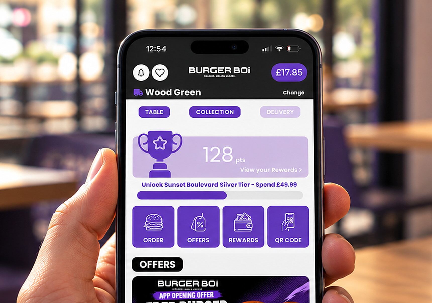 The Burger Boi app showing a rewards points balance
